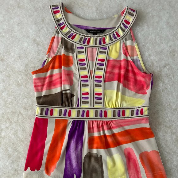 BCBG Max Azria Banded Crew Neck Sleeveless Multi-Stripe Top with Small Peplum XS - Picture 9 of 13